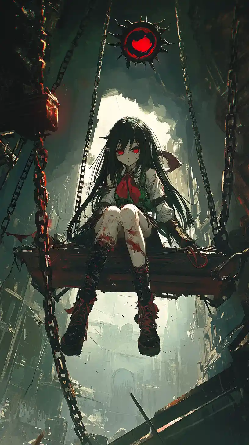 Ragazza anime davanti a una piattaforma incatenata e a una piramide luminosa