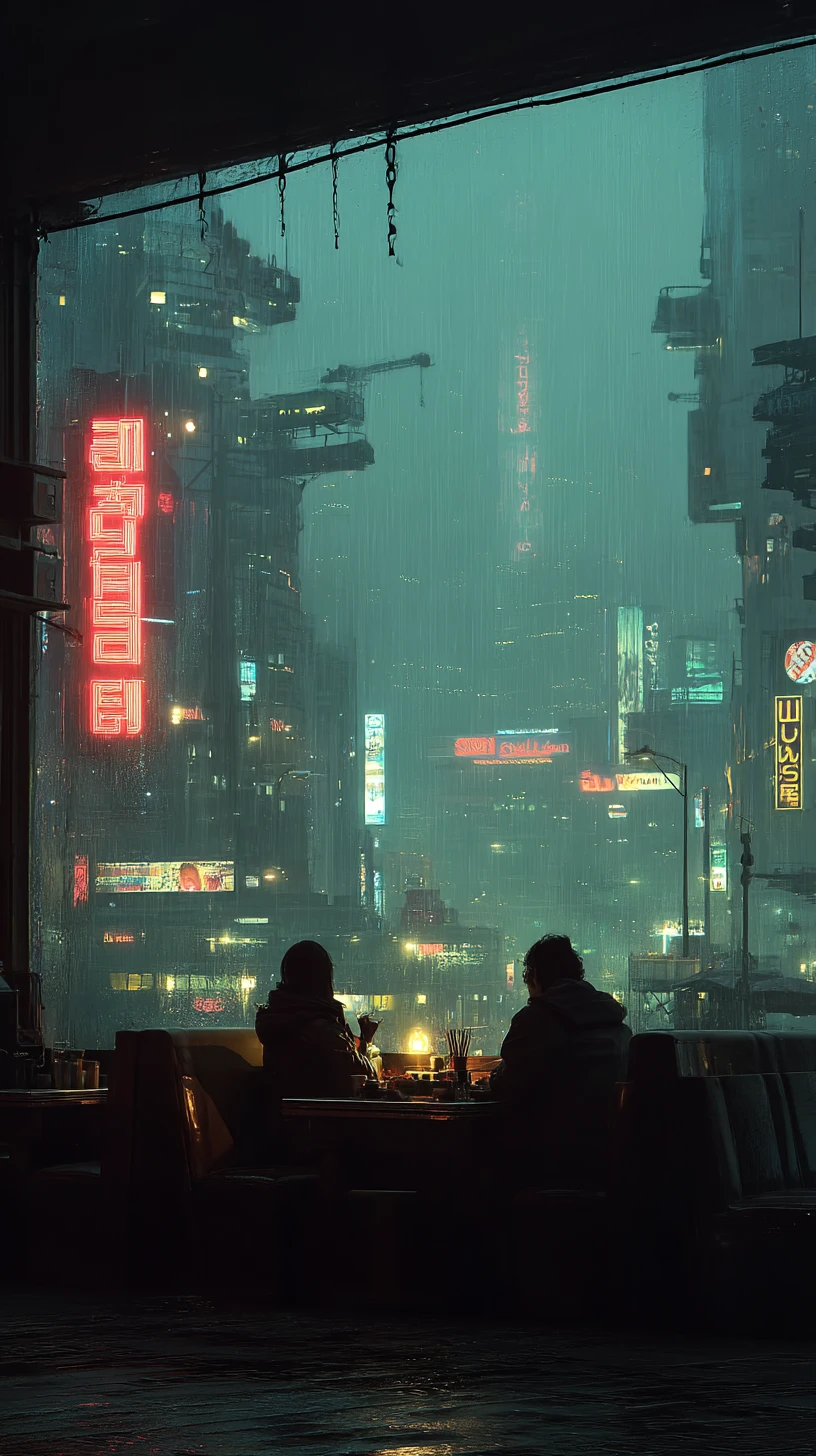 Casal futurista jantando em restaurante cyberpunk iluminado por néon