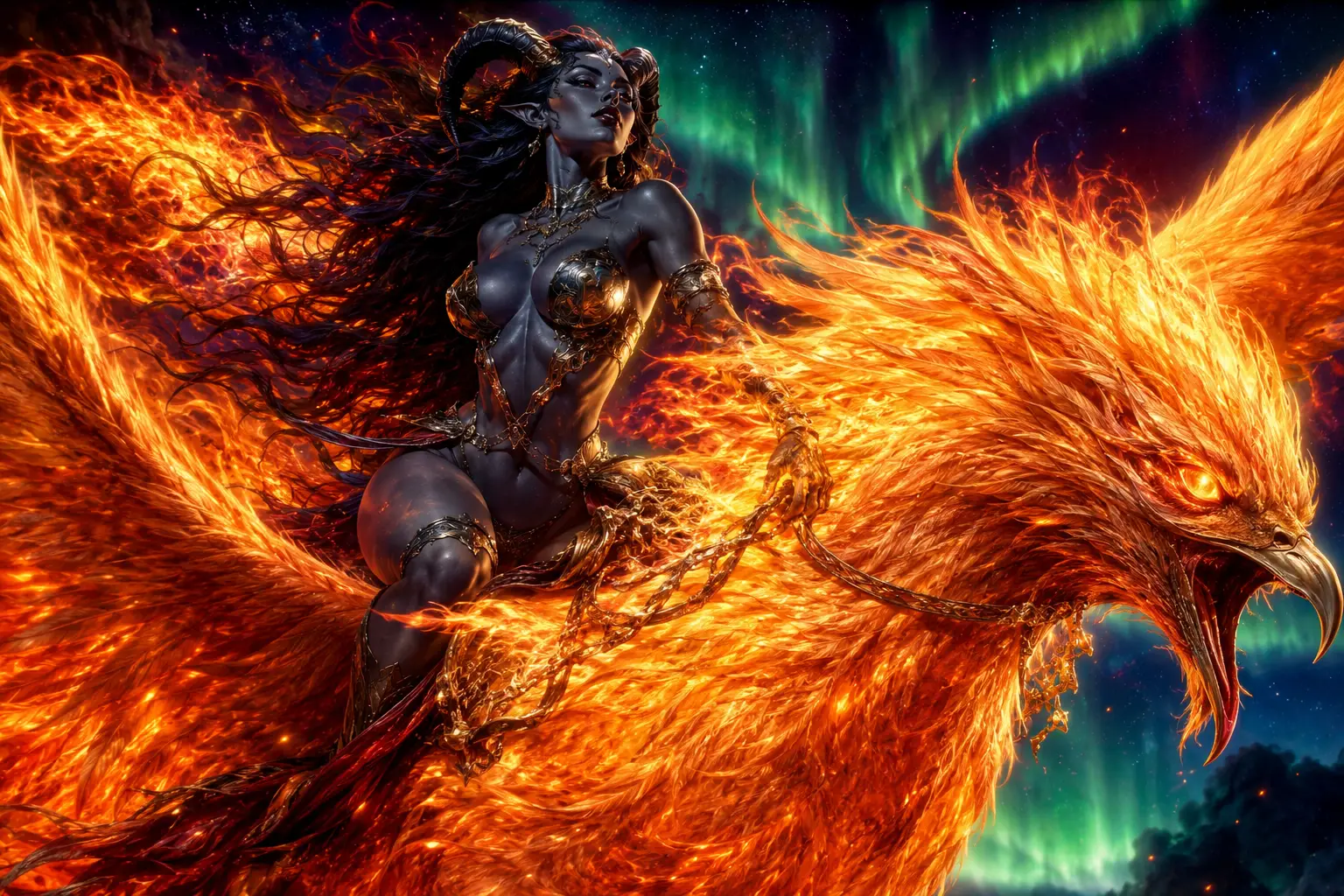 Flammender Phönix der Wiedergeburt mit gehörnter Sukkubus-Reiterin in der Nacht