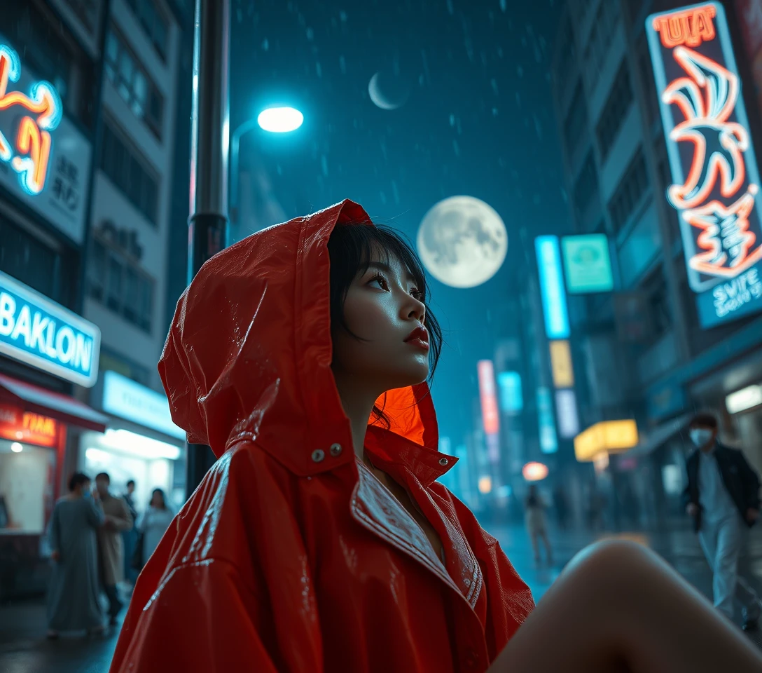 Mulher de casaco laranja em um beco neon enevoado da cidade