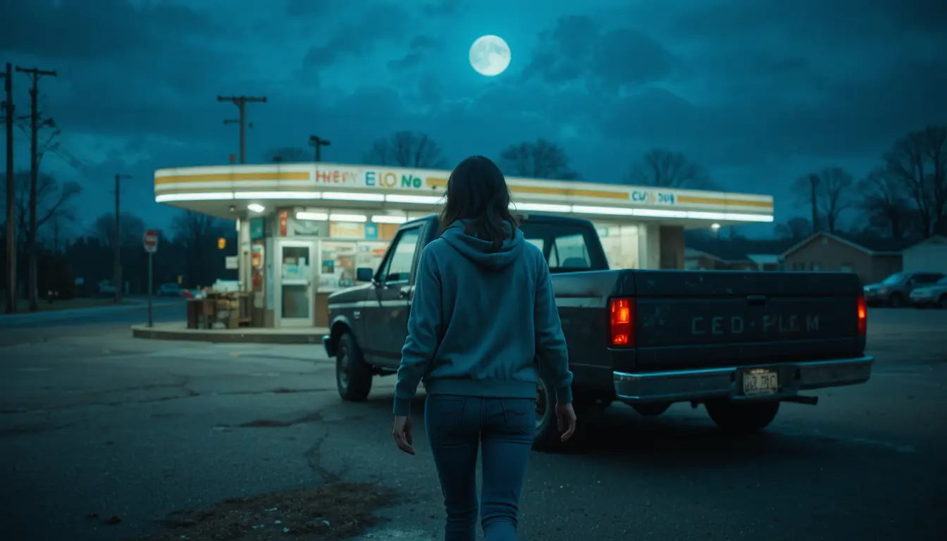 Anxious woman walking toward pickup truck at gas station