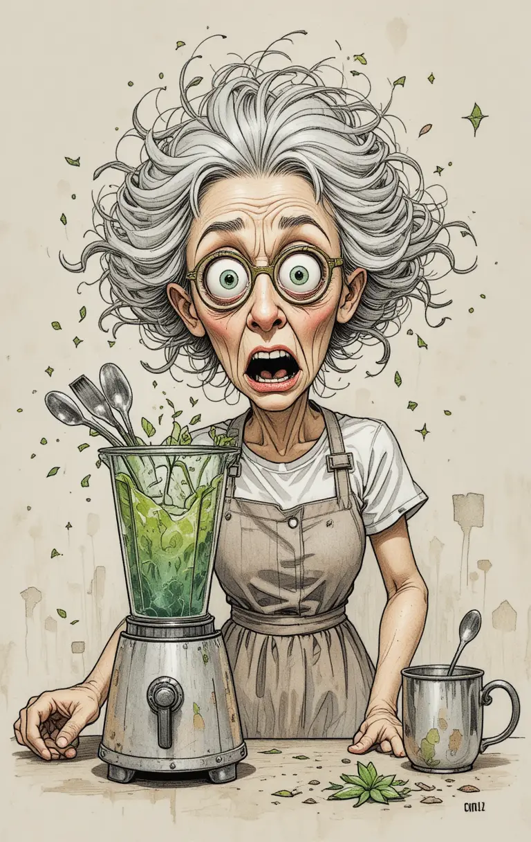 Elderly Woman Reacts To Green Blender Chaos In Kitchen