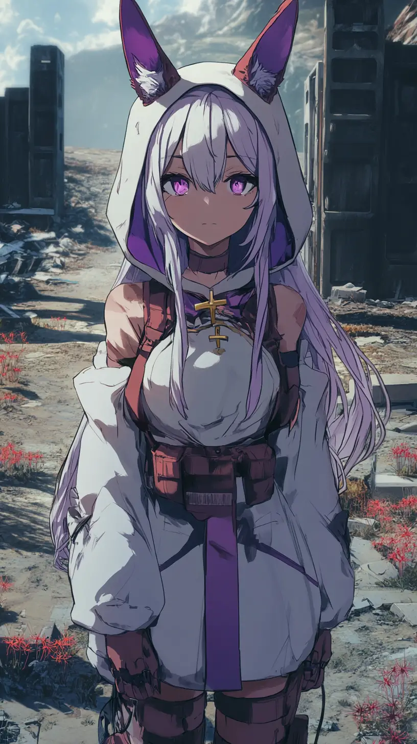 Anime-Mädchen an einem Stahlhangar neben einem alten Flugplatz