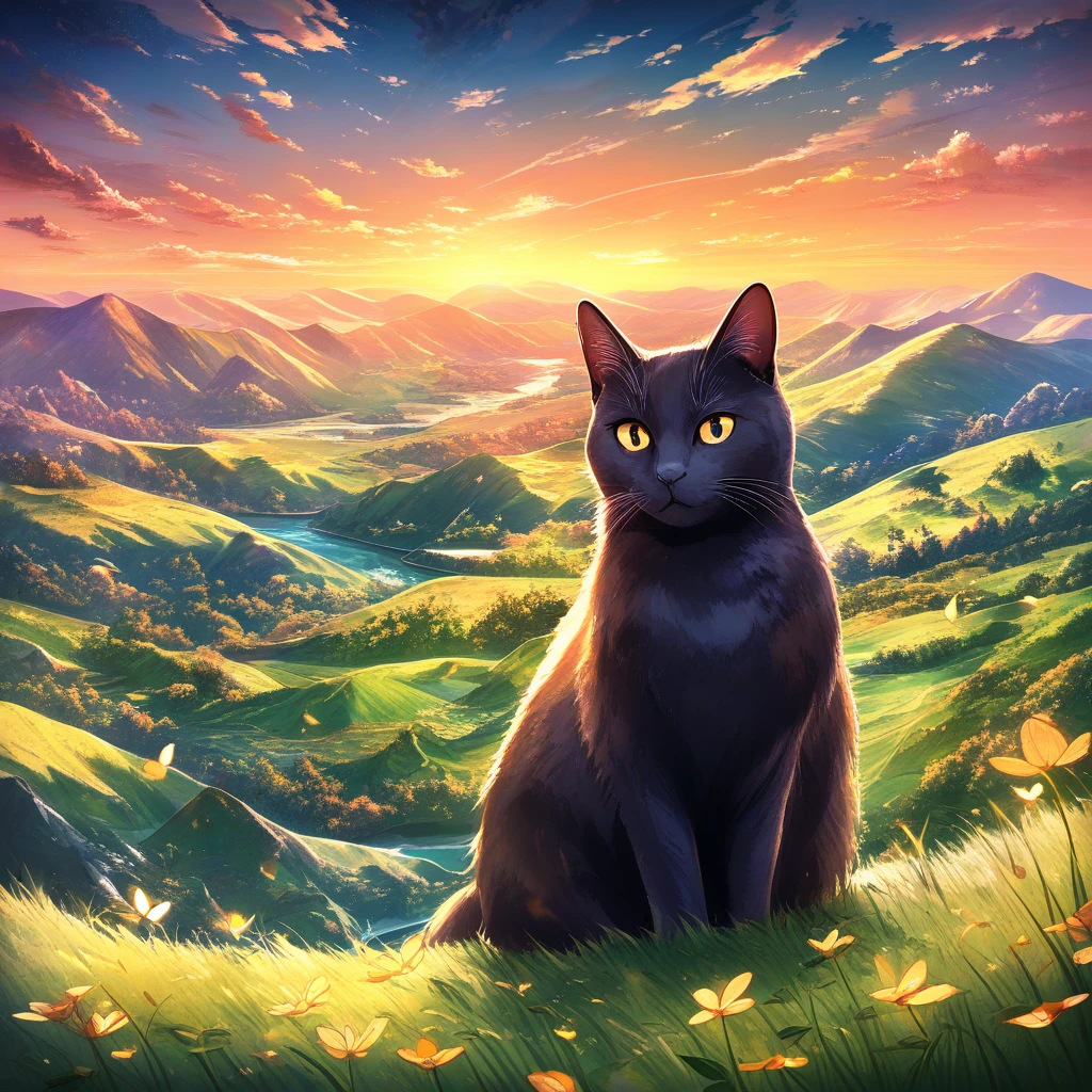 Silhouette di gatto nero riempita da un paesaggio di tramonto luminoso