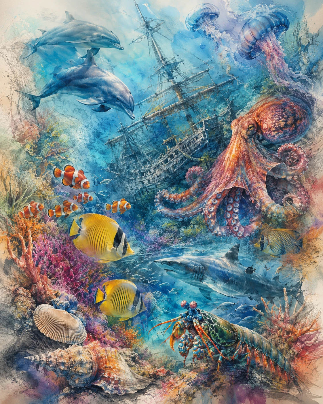 Monde sous-marin coloré avec moodboard de vie marine tropicale