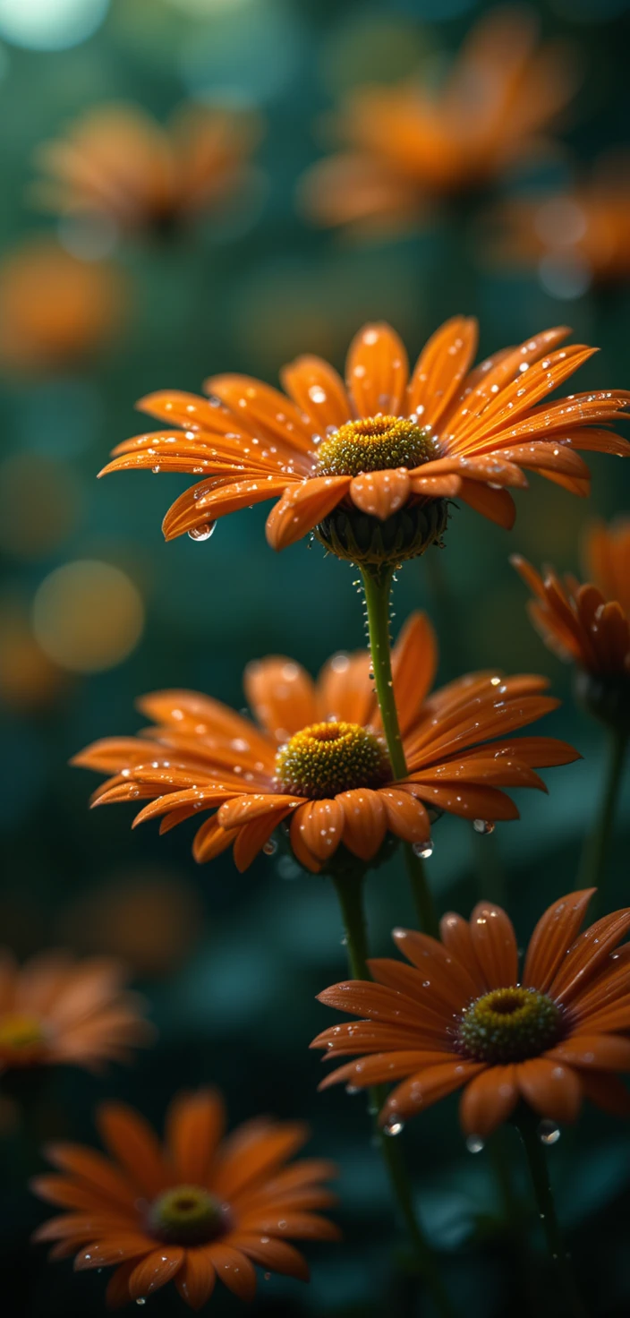 Nahaufnahme taufrischer oranger Blumen mit grünen Zentren