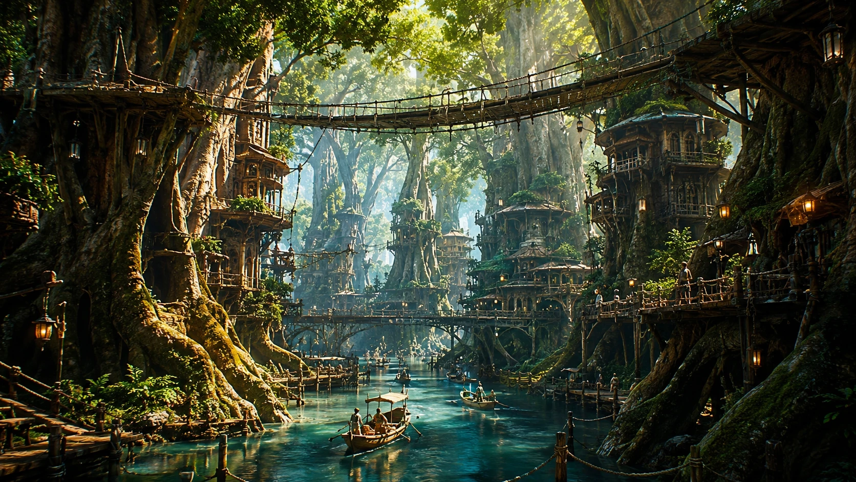 Città fantasy di canalI intrecciata tra radici colossali di antichi alberi