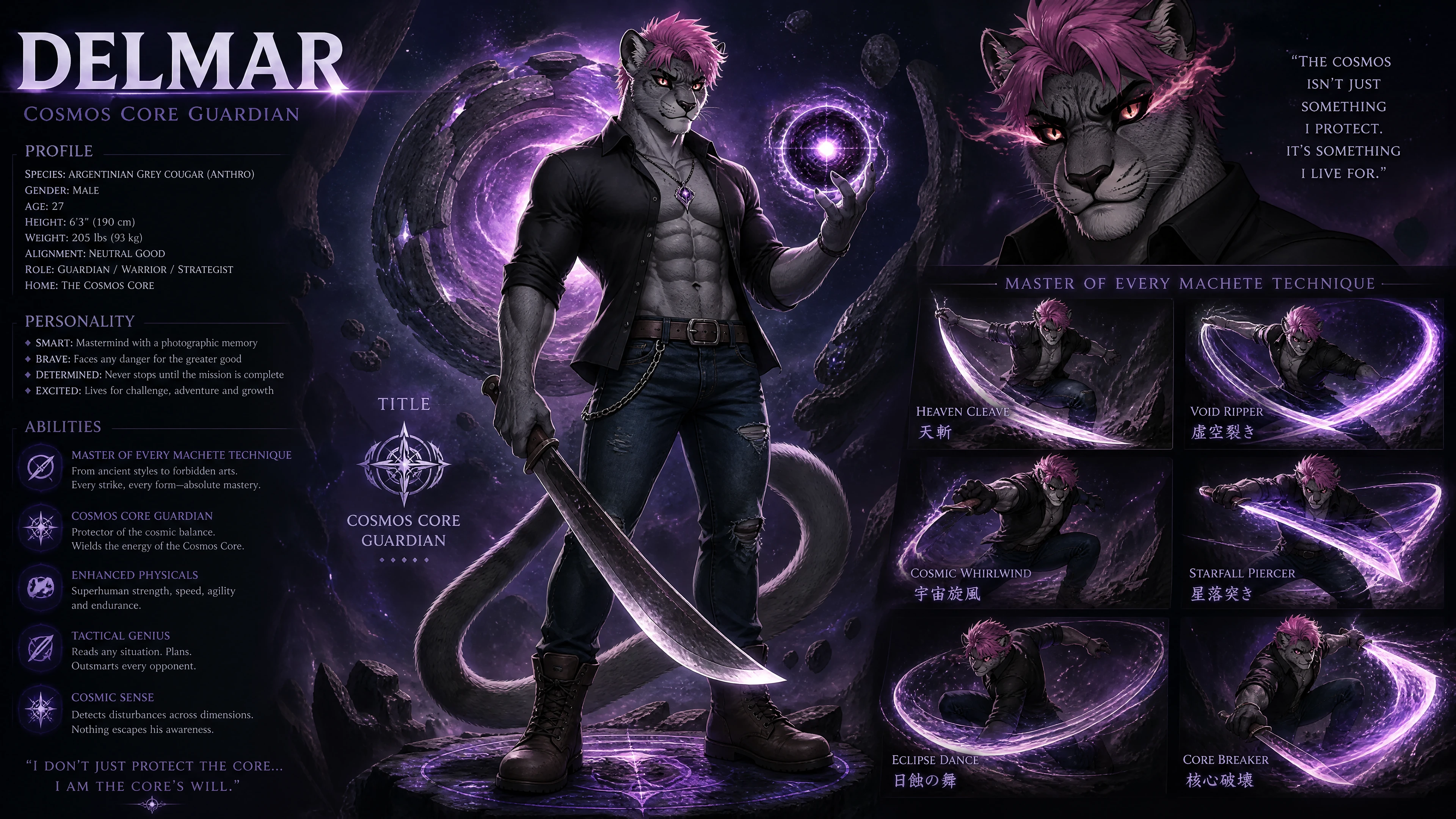 Guerrier puma gris anthro aux cheveux roses avec machette