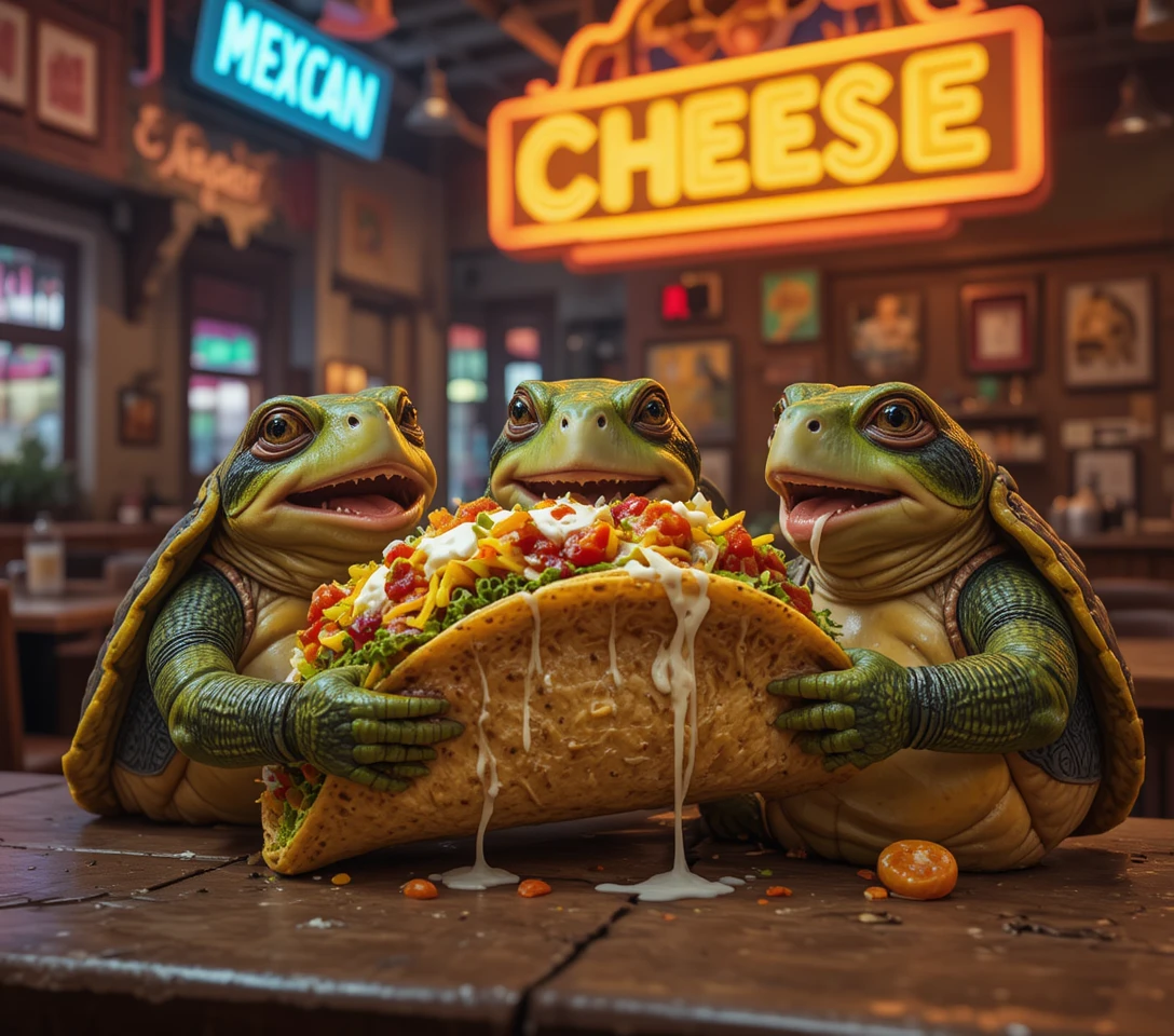 Tre tartarughe verdi che si dividono un taco gigante in una cantina