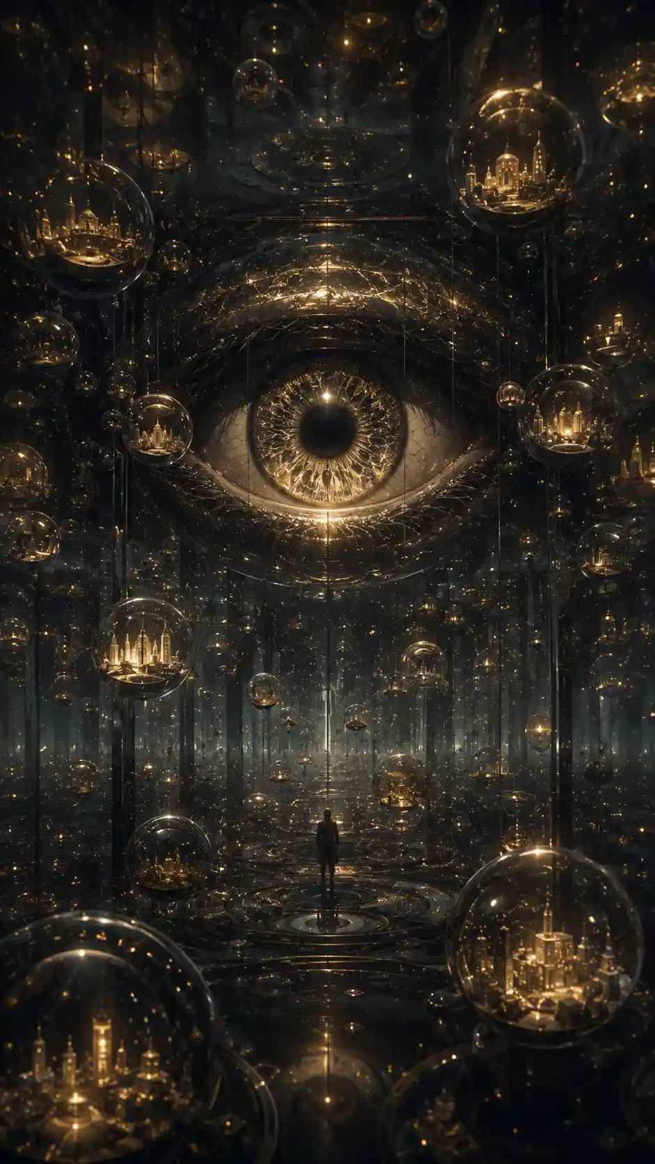 Colossal floating eye in infinite mirrored chamber