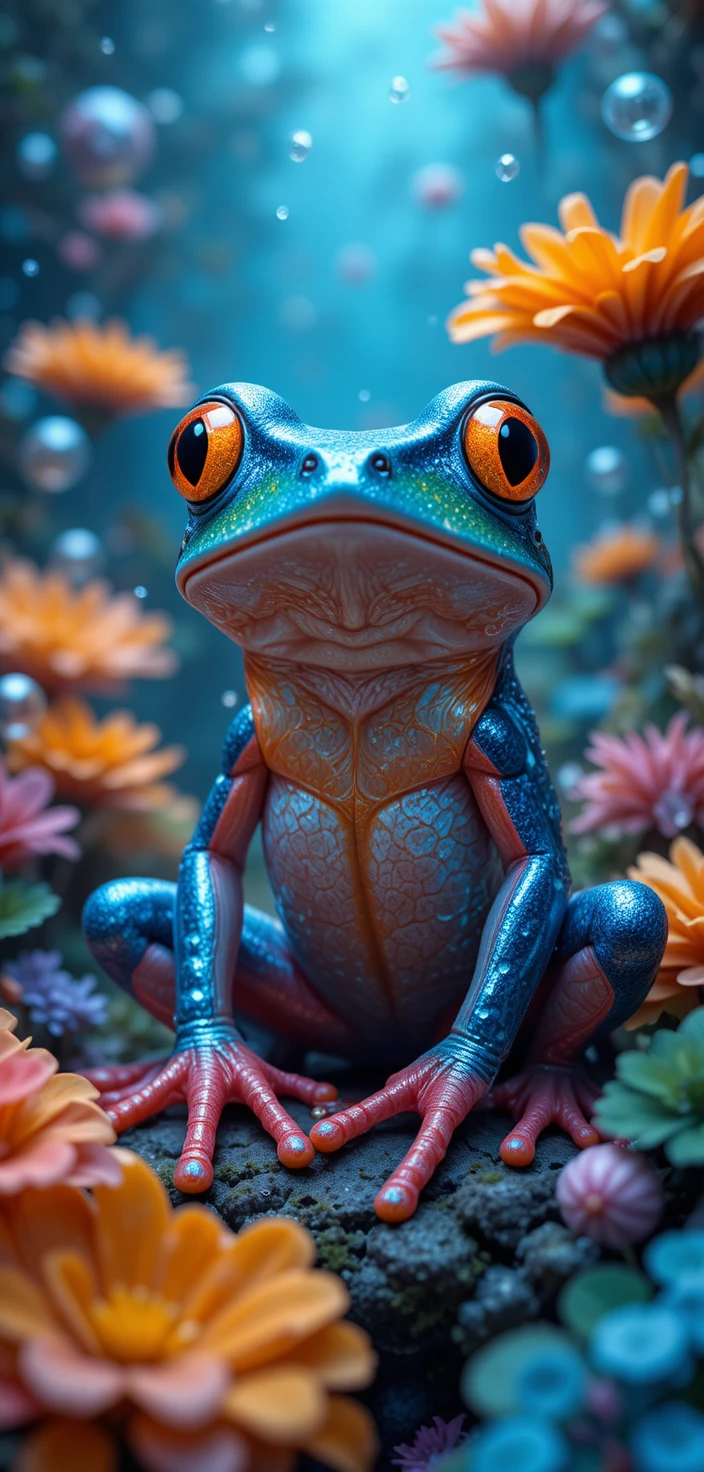 Grenouille anthropomorphe colorée dans un jardin sous-marin magique