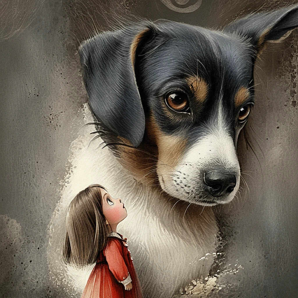 Beagle gigante diante de uma menina minúscula e curiosa em arte surreal