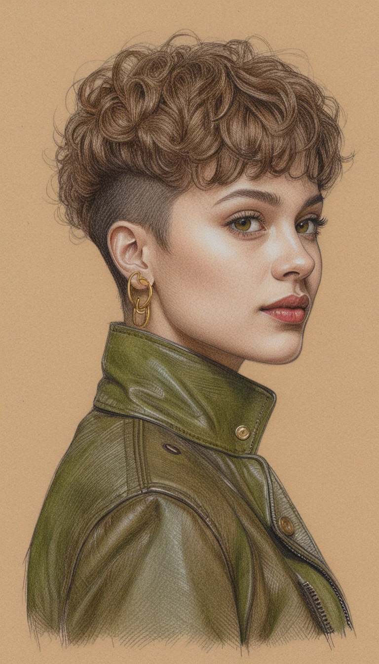 Confident young woman portrait in colored pencil and ink