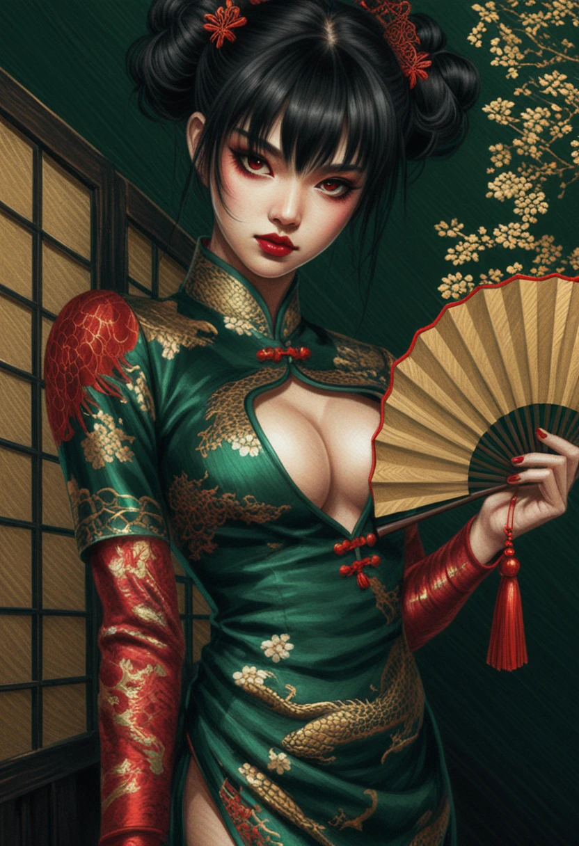 Mujer de cabello oscuro con qipao esmeralda y abanico