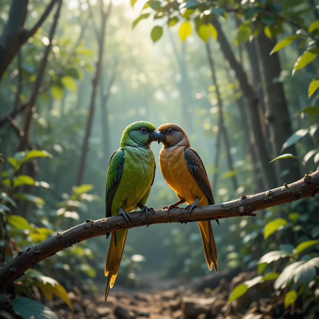 Oiseaux tristes sur une branche sèche dans une forêt verte et silencieuse