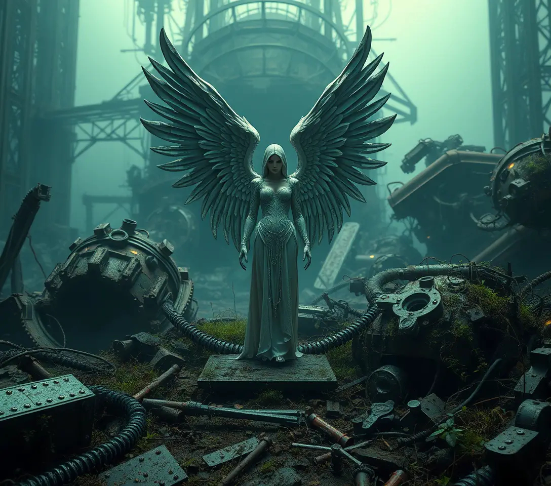 Lone angelic woman amid collapsing futuristic machine ruins