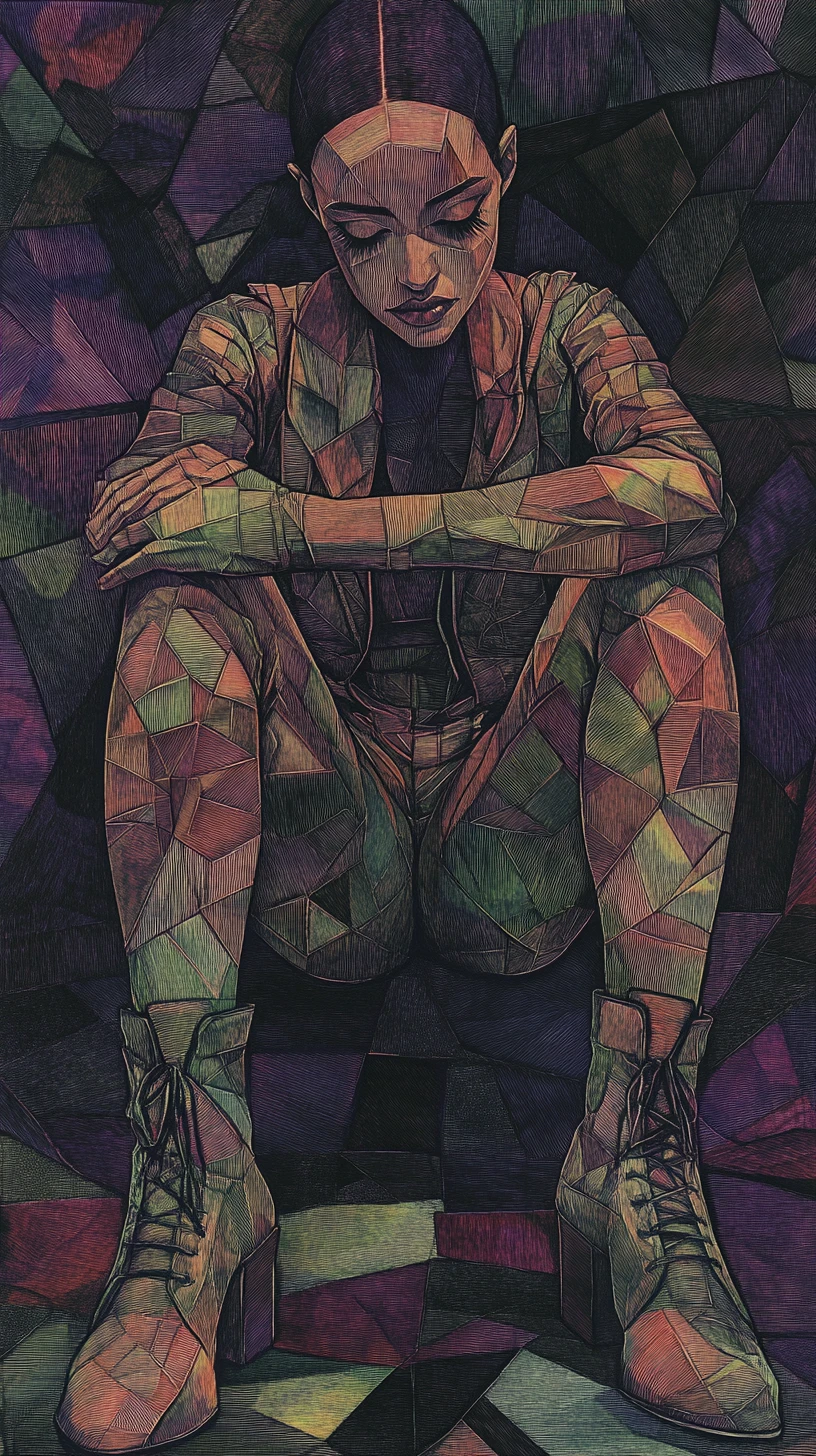 Donna in mosaico geometrico seduta a gambe incrociate