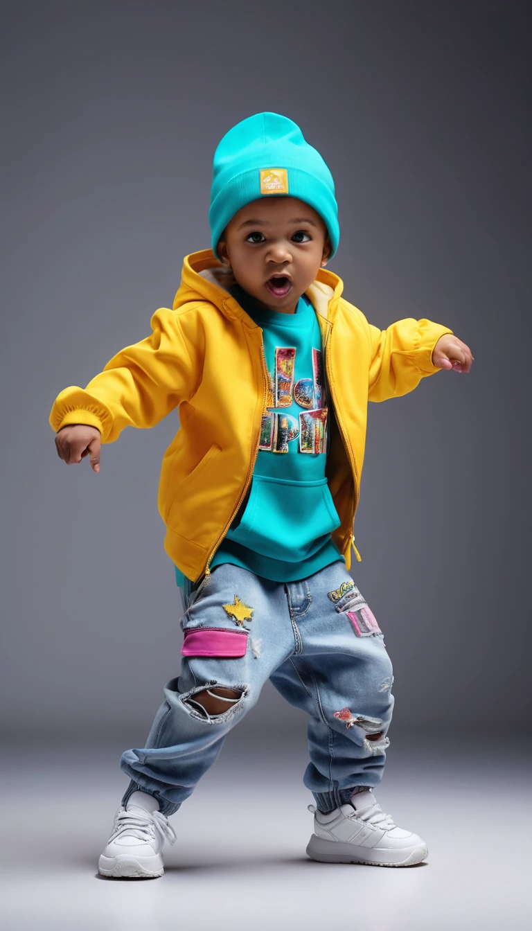 Bebê dançarino de hip hop colorido em pose dinâmica de corpo inteiro