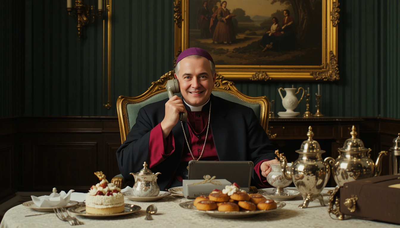 Allegro sacerdote al telefono a disco a un sontuoso tavolo da pranzo