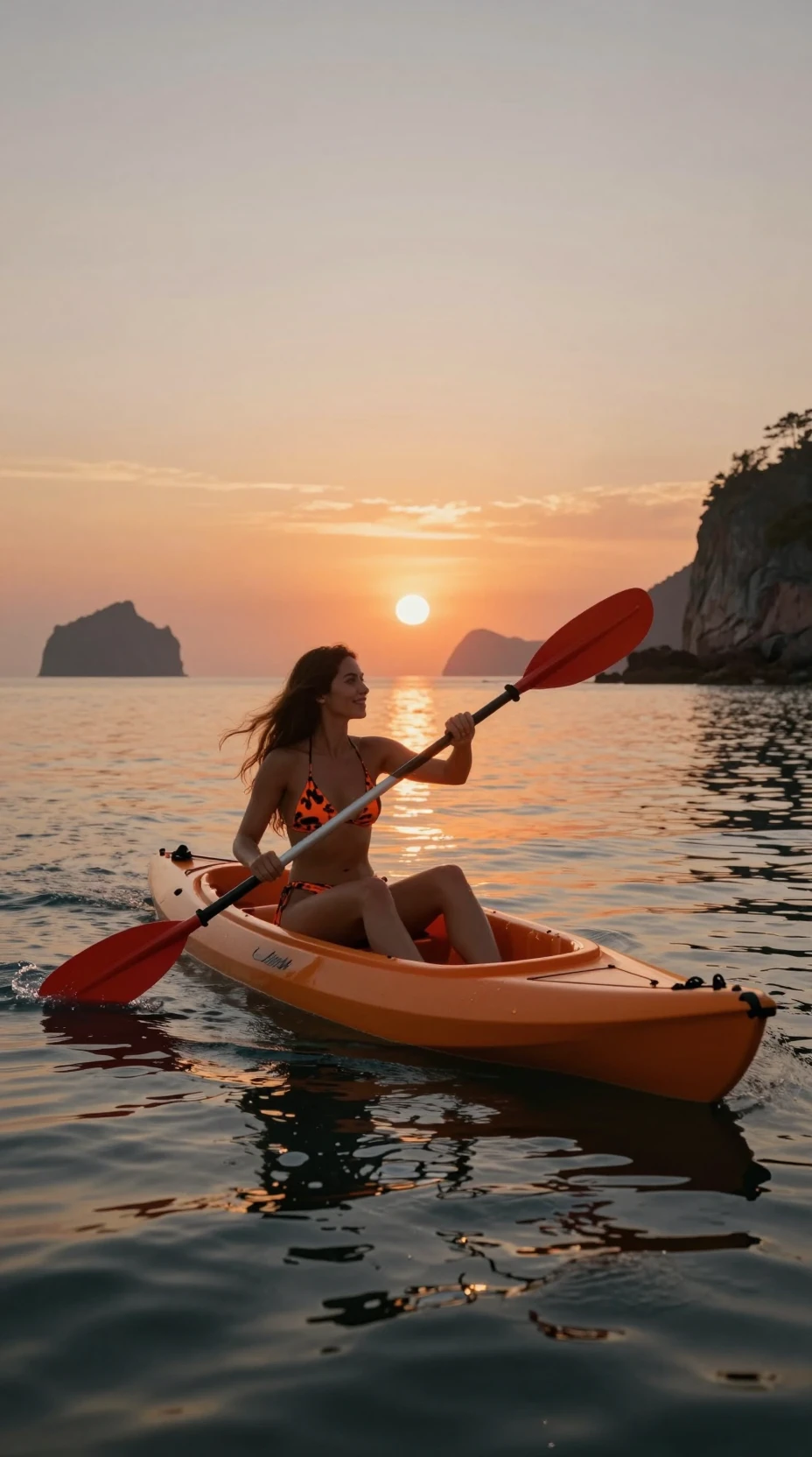 Mulher remando de caiaque em mar calmo ao nascer do sol em perfil cinematográfico