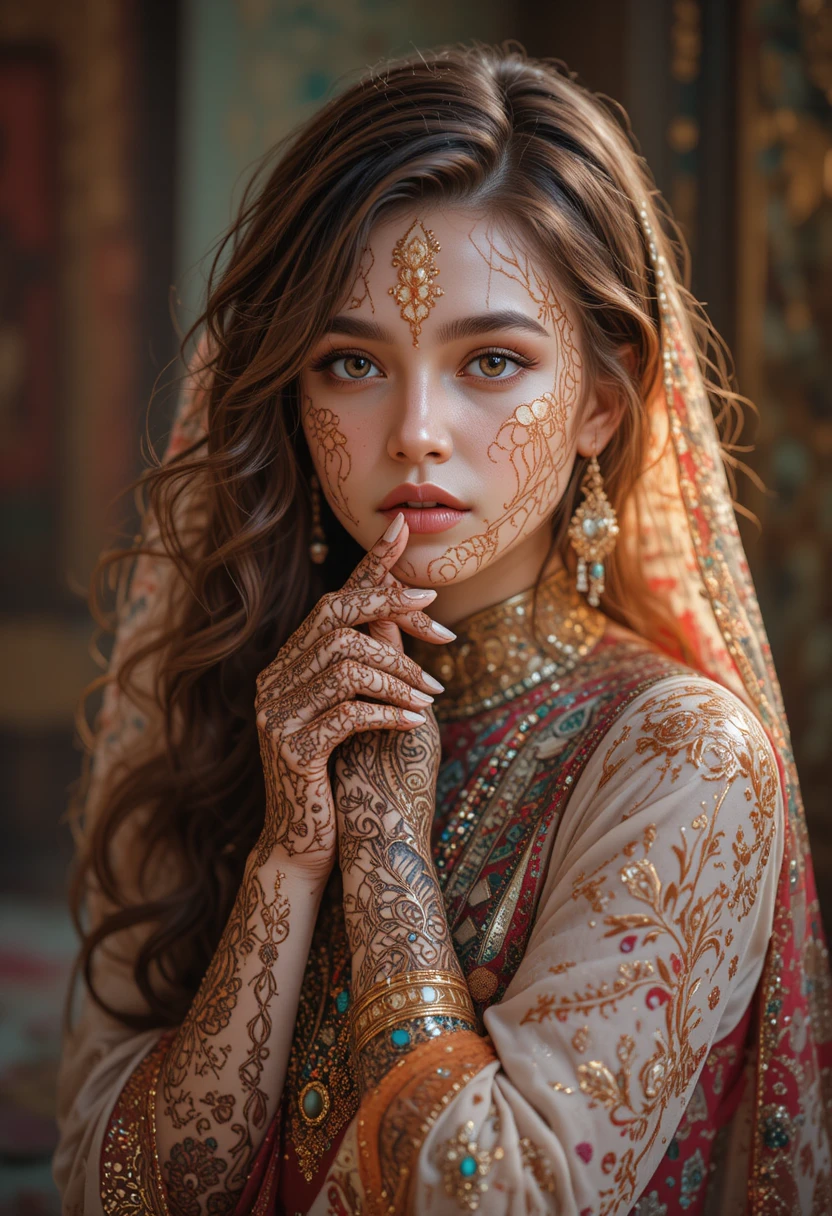 Mulher árabe em traje tradicional com arte de henna intricada