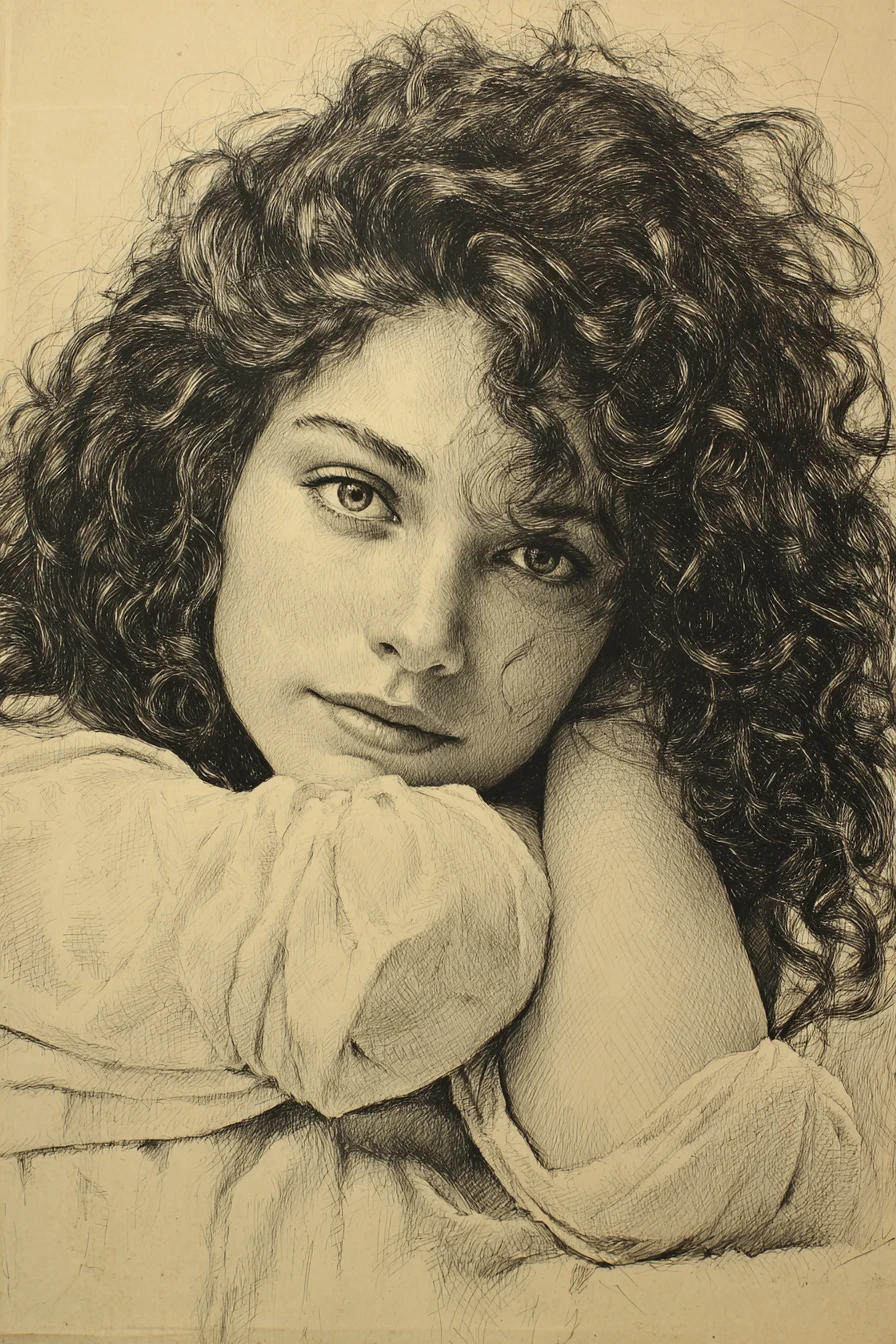 Charcoal pencil portrait of a girl resting on her arms