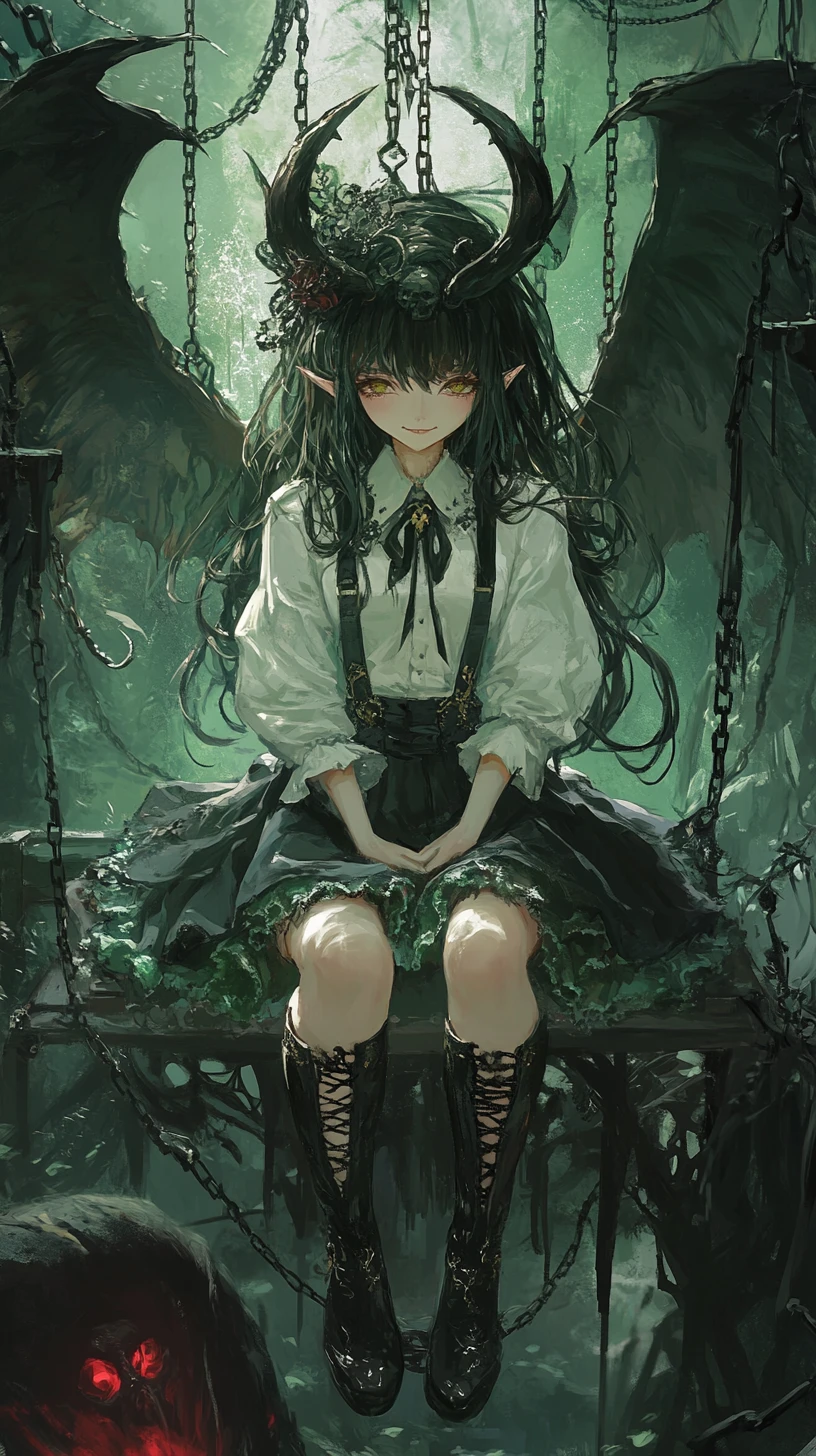 Witch girl in ruffled skirt with skull necklace