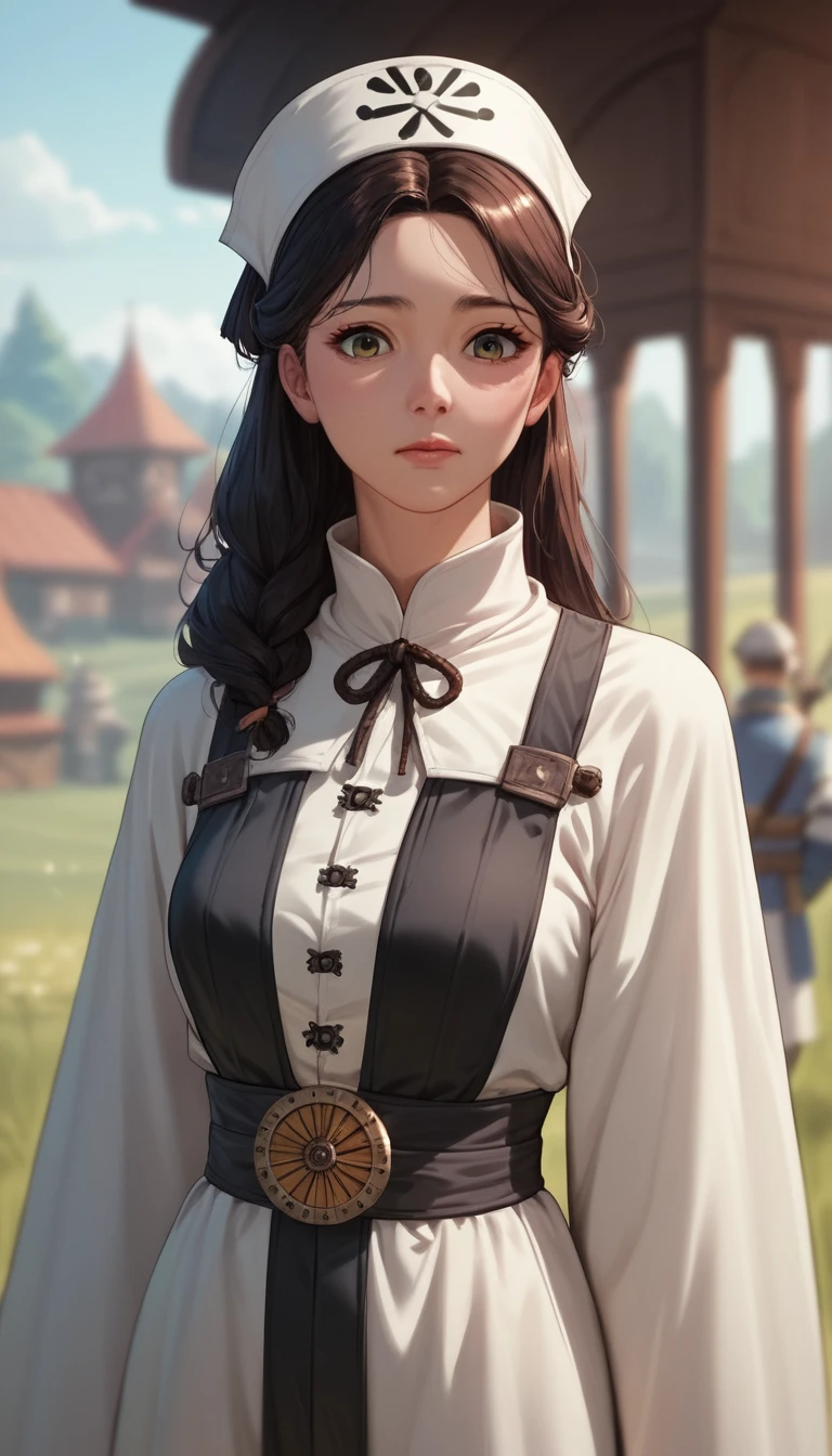 Guerrière d’anime en tenue noire sling dans une ville fantastique