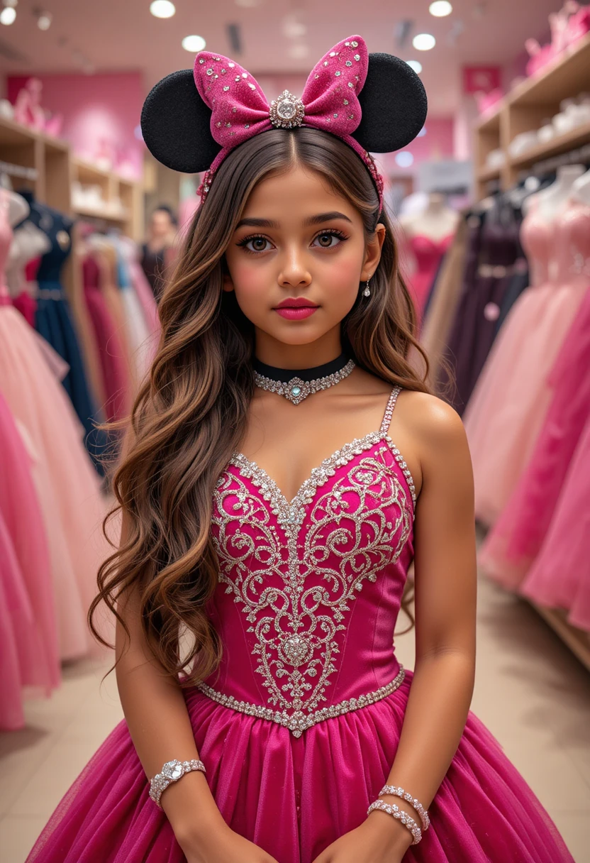 Menina com vestido rosa‑choque da Minnie Mouse em boutique
