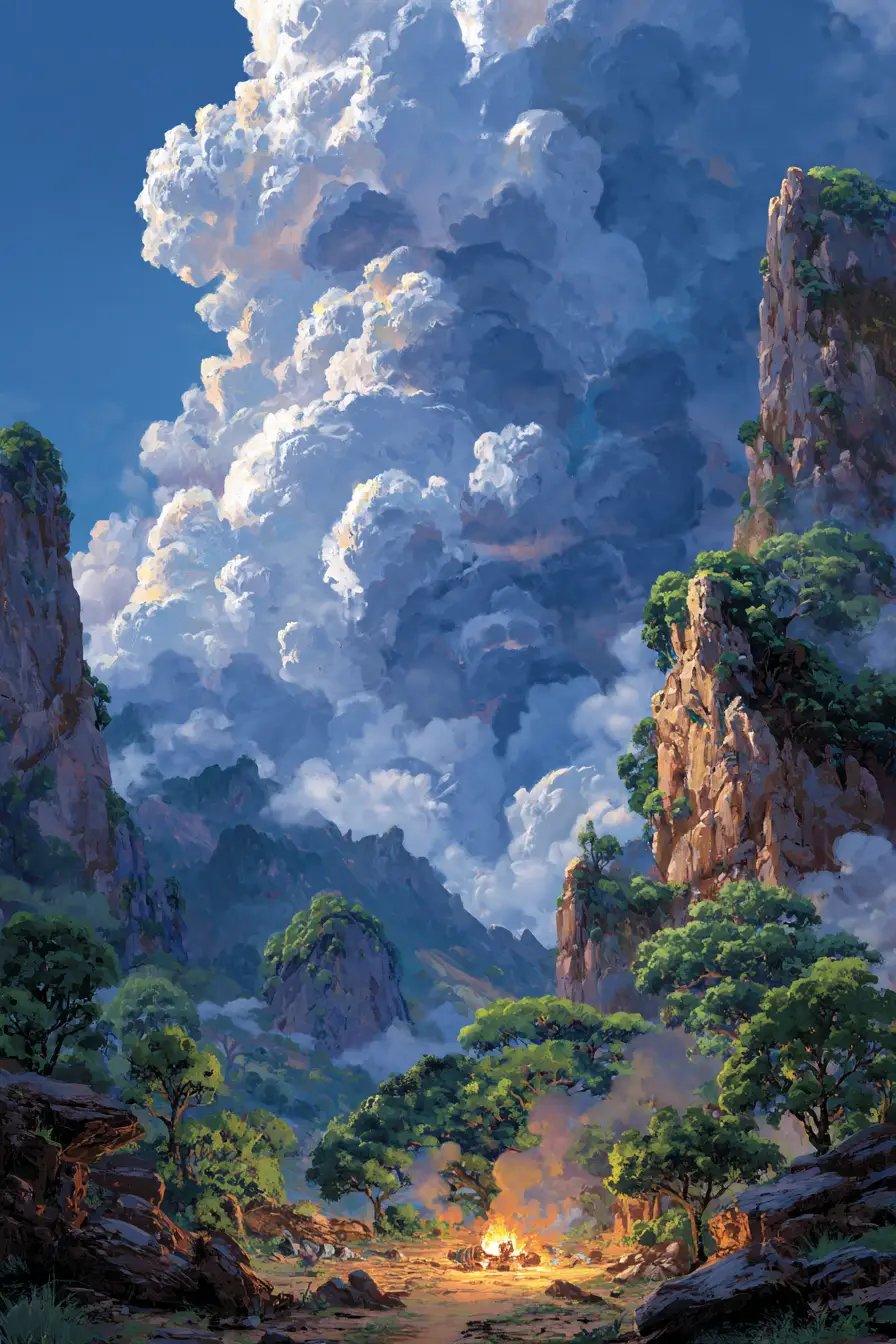 沙漠上方有愛心雲朵的山林景觀