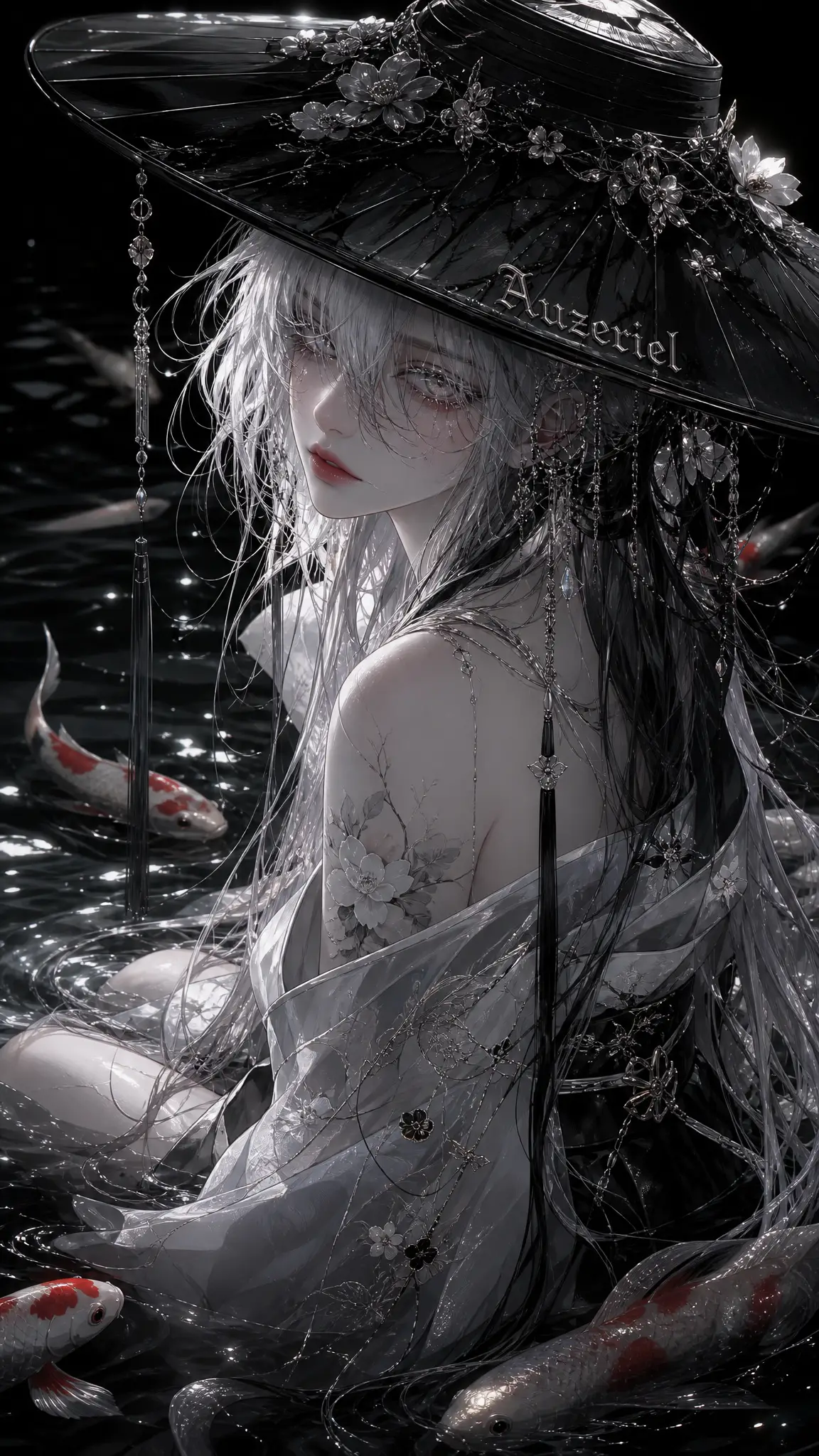 坐在黑暗水中的憂鬱和服動漫女子
