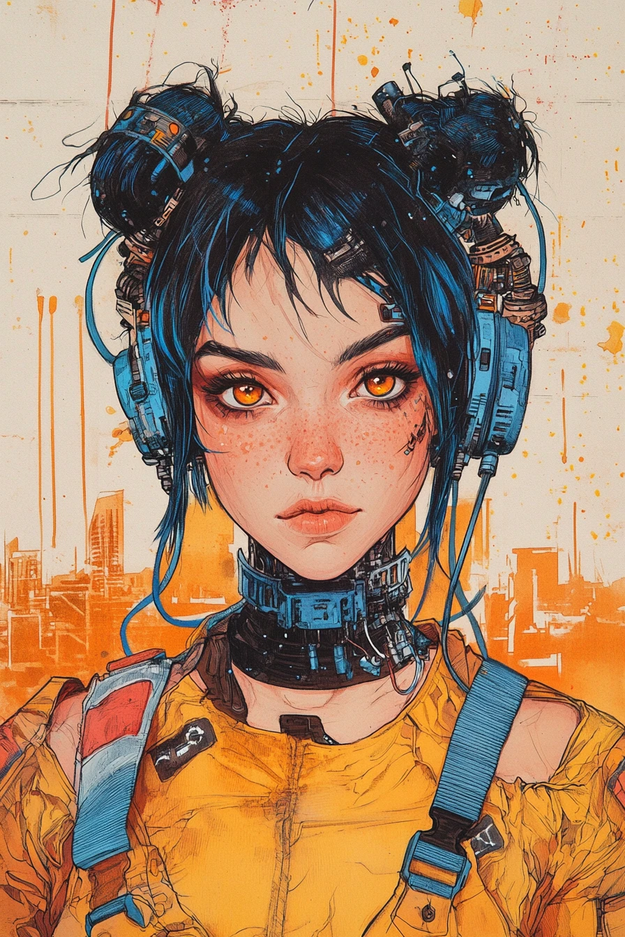 Cyberpunk woman portrait with mechanical headset and cables