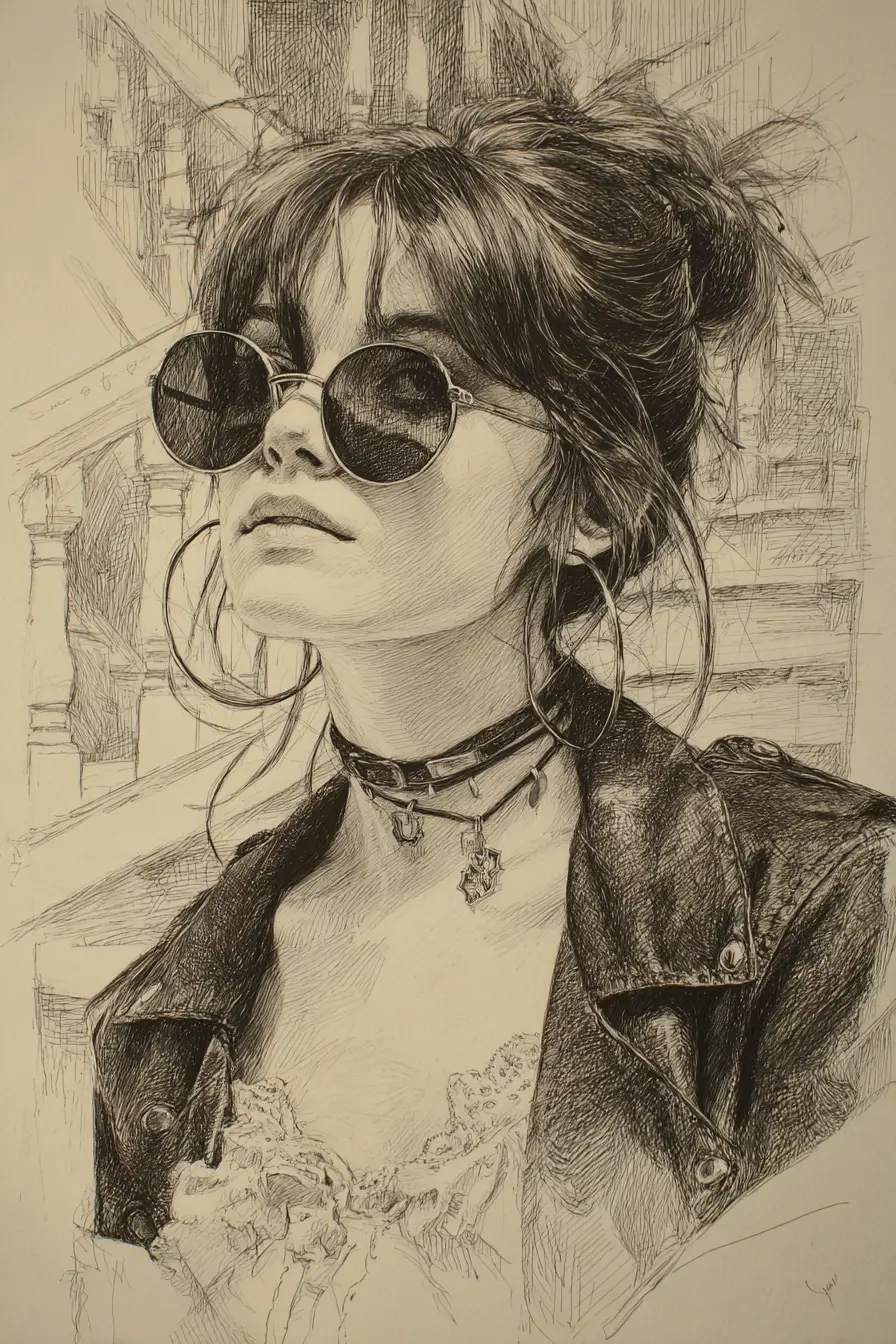 Pencil portrait of a girl in sunglasses and hoop earrings