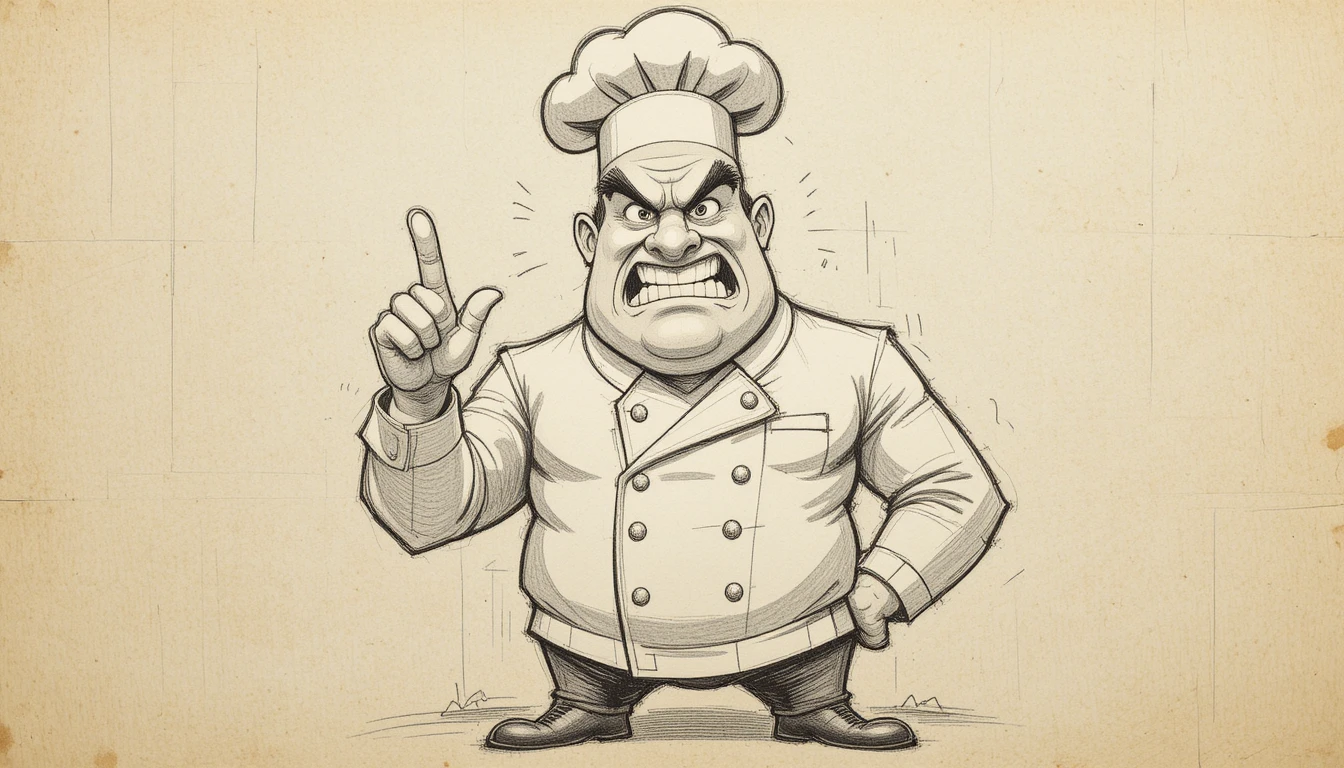 Chef de desenho animado bravo apontando com faca em estilo de esboço