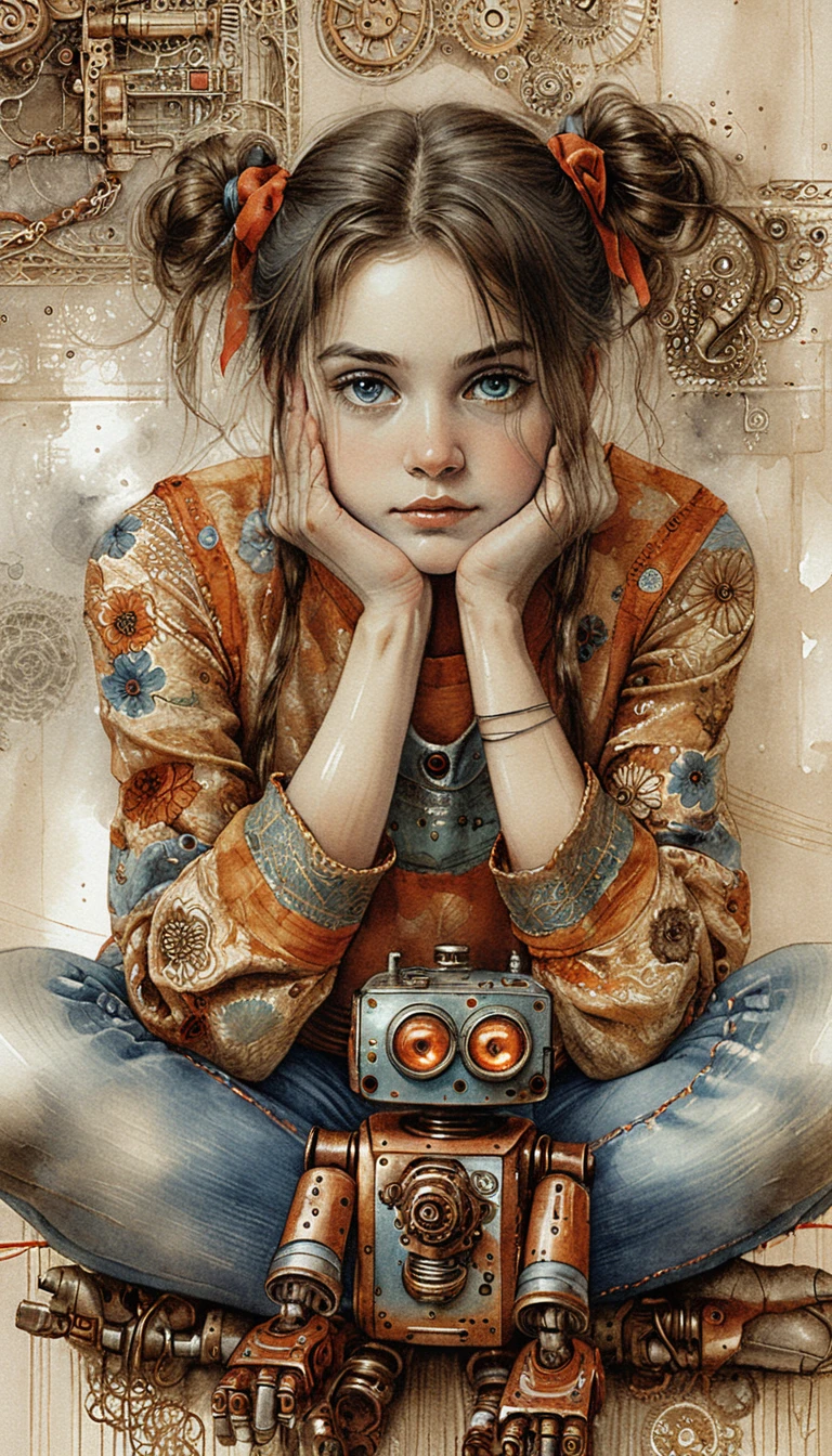 Girl in pigtails bonding with a small vintage robot