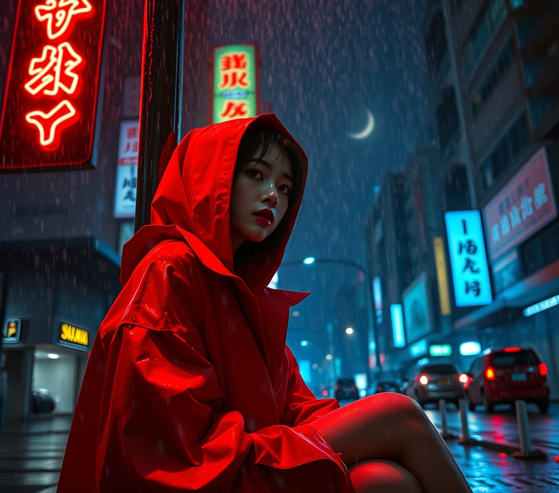 Mulher de casaco laranja em viela neon enevoada da cidade