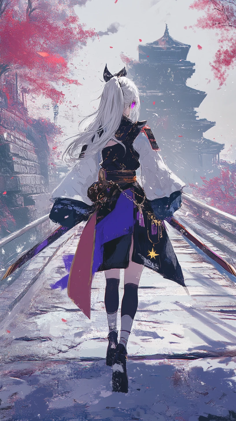 Anime-Mädchen mit Hellebarde überquert eine Brücke zu verfallener Fantasy-Burg
