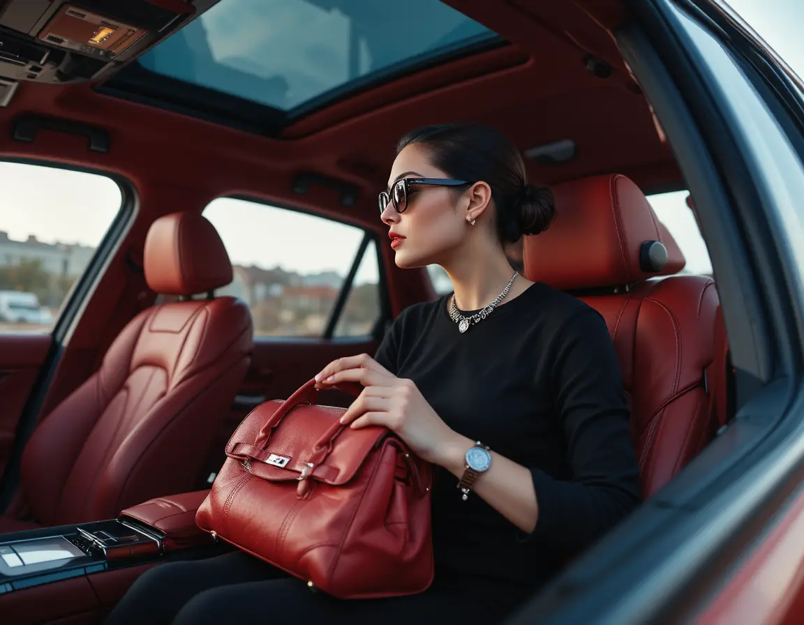 Elegante Frau im roten Leder-Luxusautoinnenraum