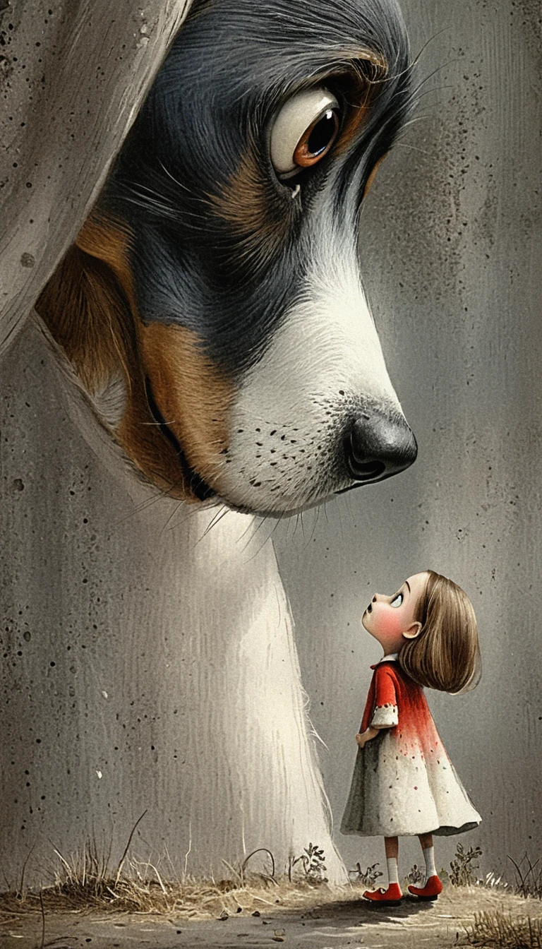 Beagle gigante encara garota minúscula em ilustração digital dramática