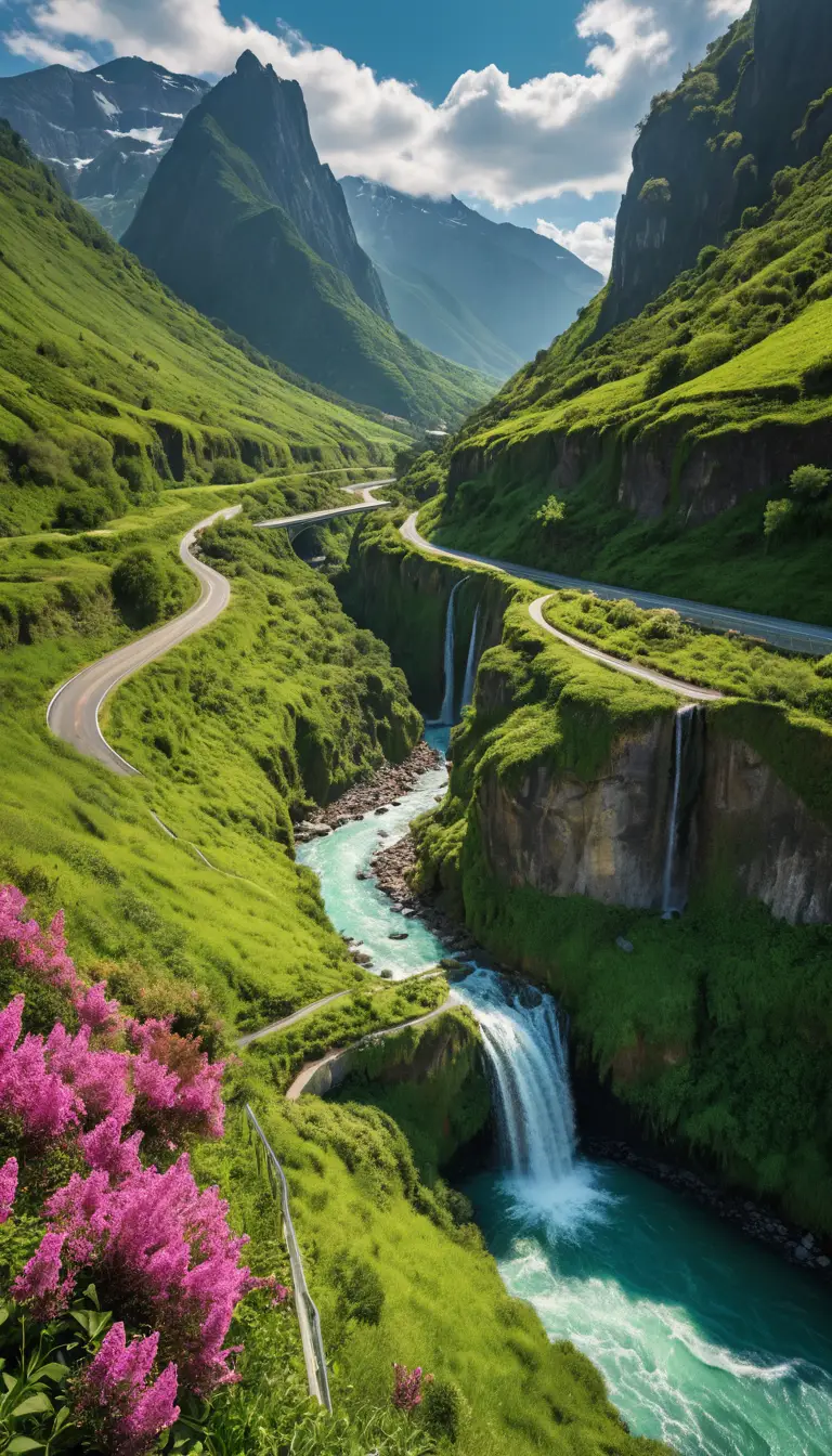 Flower lined mountain road above emerald valley waterfall