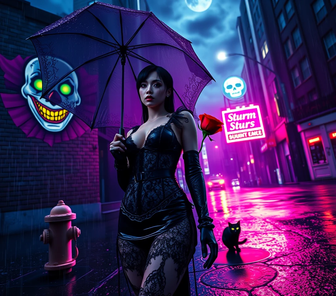Gothic-Frau im Neonregen der Stadt mit zerbrochenem Regenschirm