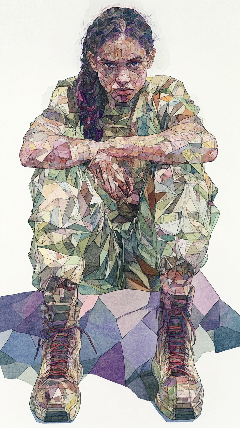 幾何馬賽克中盤腿而坐的女子墨線畫