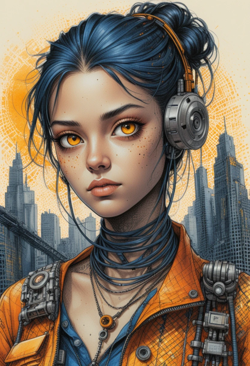Portrait de femme cyberpunk avec dispositif mécanique à l’oreille et câbles