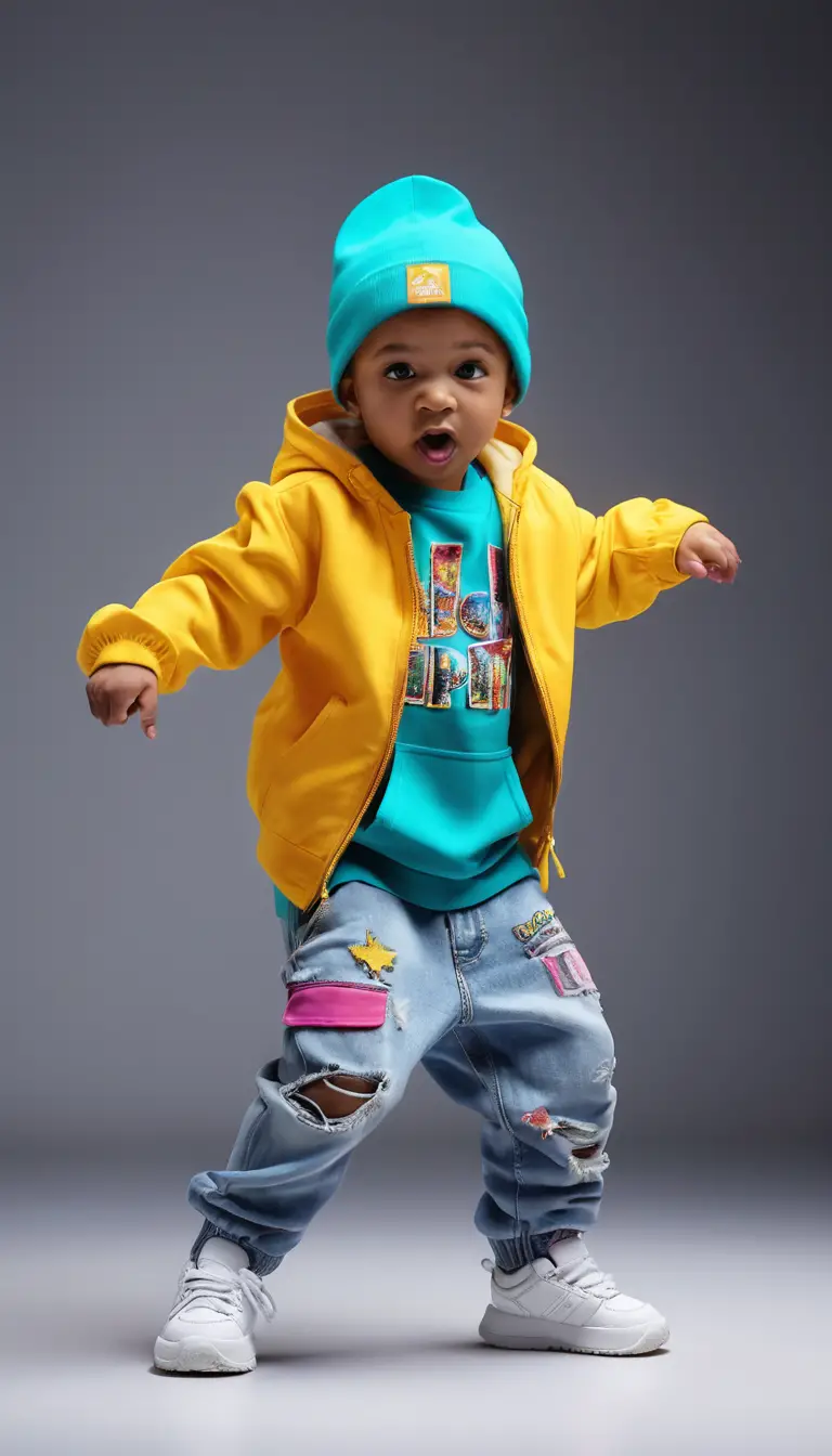 Bunter Baby-Hip-Hop-Tänzer in dynamischer Ganzkörperpose