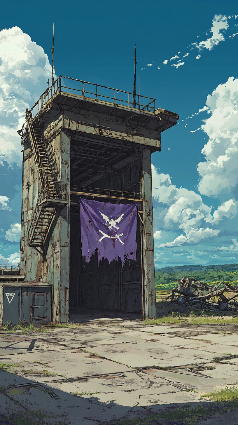 Hangar de aço e torre ao lado de um aeródromo de concreto abandonado