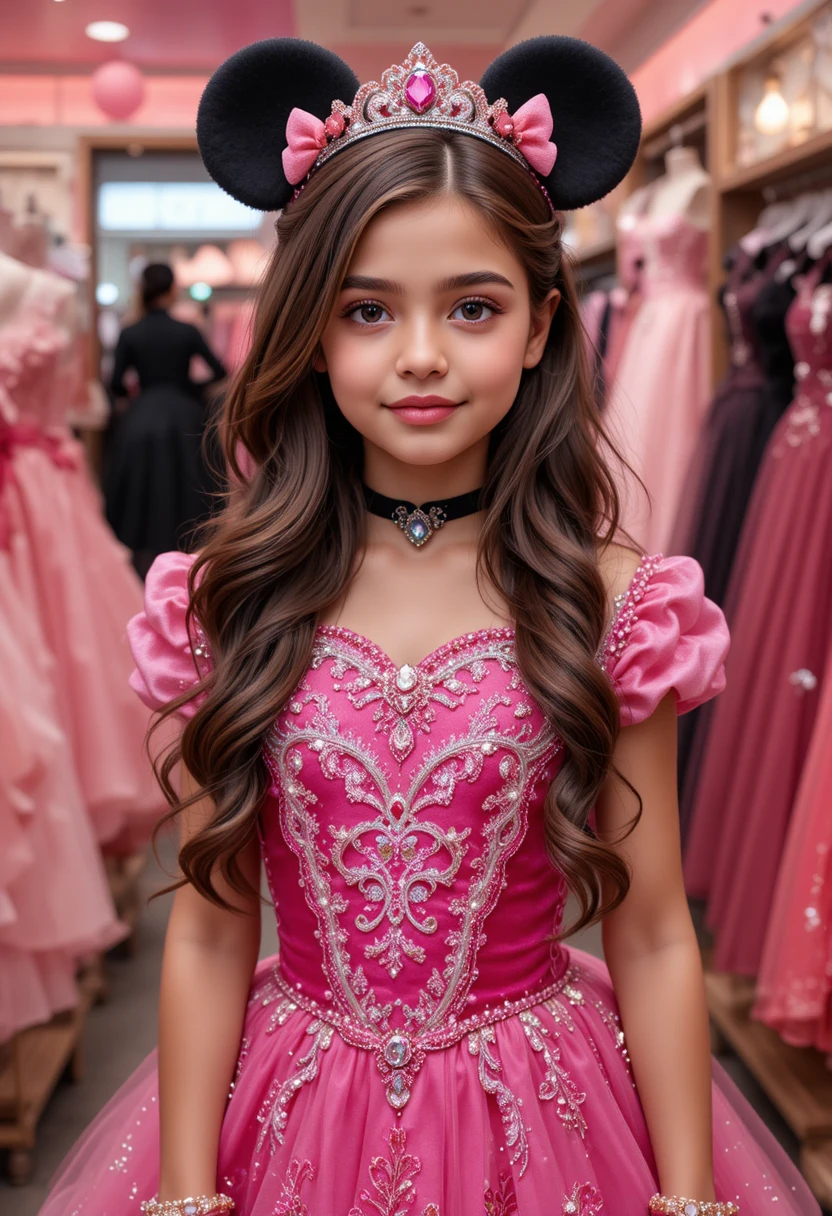 Jeune fille en robe Minnie rose dans une boutique de robes