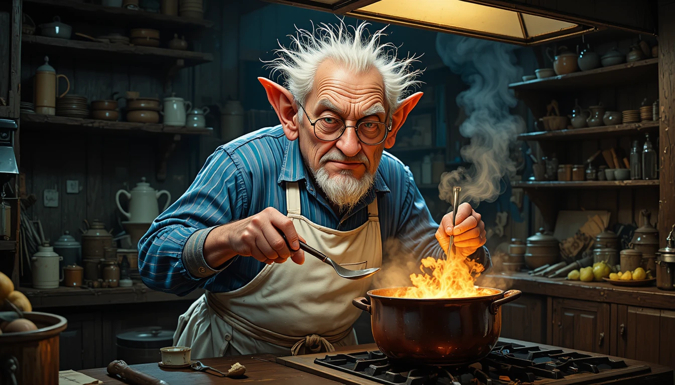 Chef idoso mexendo uma panela borbulhante em cozinha sombria