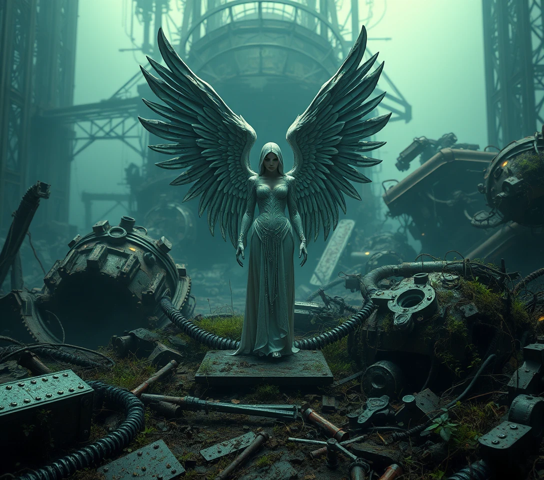 Lone angelic woman amid collapsing futuristic machine ruins