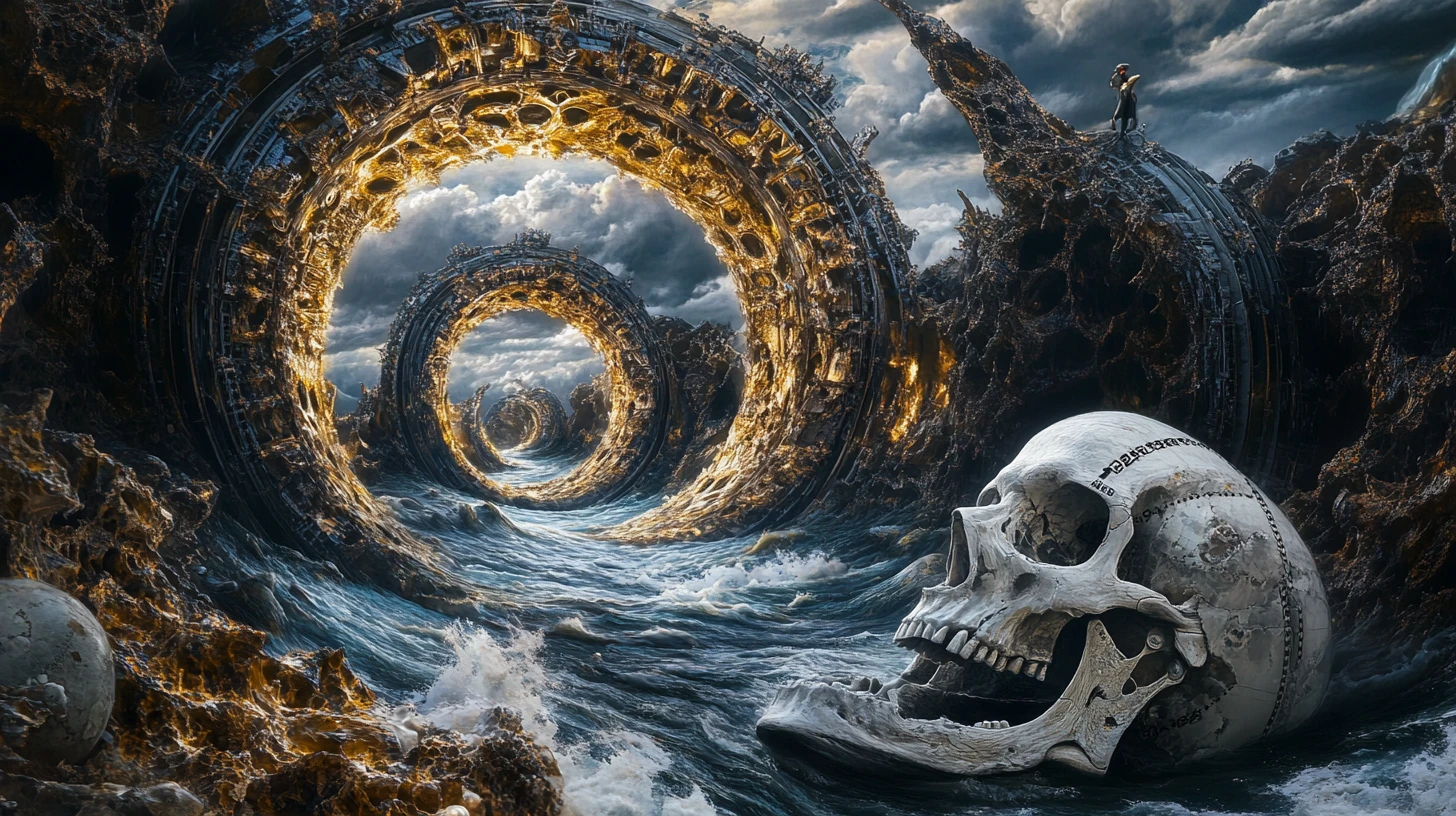 Bateau squelettique surréaliste dans une rivière en spirale d’horloges