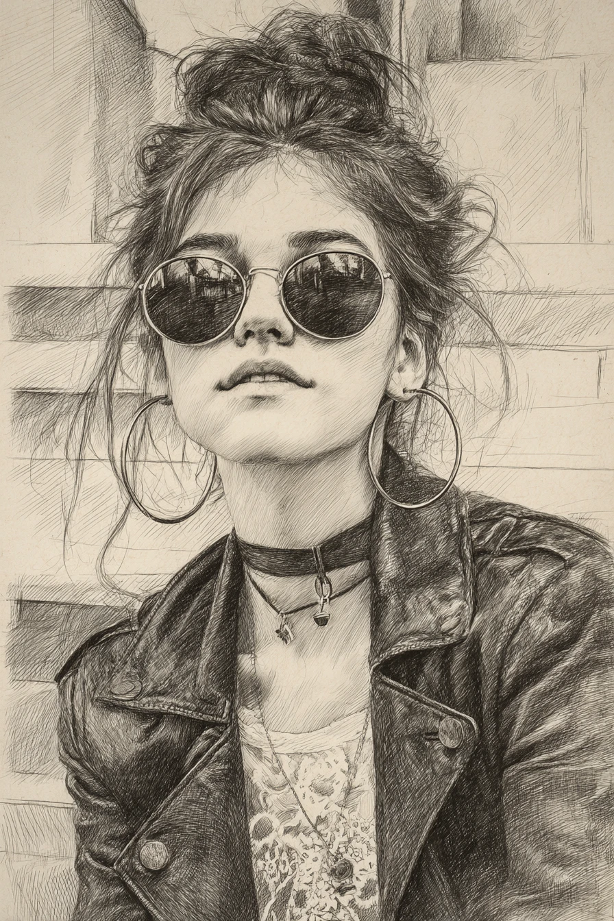 Retrato a lápiz de una chica con gafas de sol y chaqueta de cuero